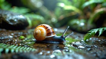 Snail Crawling Through Forest Floor Puddle Surrounded by Greenery photo