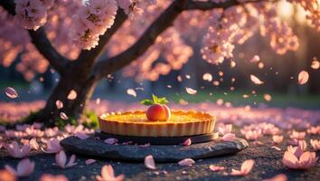 Peach Tart Under Cherry Blossom Tree with Falling Petals in Springtime photo