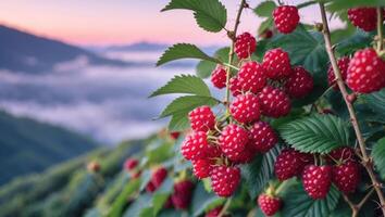 Ripe Raspberry Bush with Mountain Views During Soft Evening Light photo