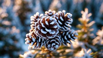 Pine Cones Covered in Frost Sparkling in Winter Sunlight Close-up photo