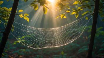 Sunlit Spiderweb Weaving Between Trees in Forest with Glowing Light photo
