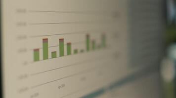 Close up of computer screen displaying financial bar graph of company profits performance metrics. Data analytics on PC monitor showing corporate business earnings reports video