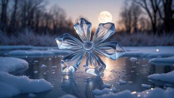 Crystal Snowflake Resting on Frozen Lake Ice with a Full Moon Backdrop photo