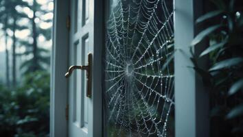Cobweb Covered in Dewdrops on Open Doorway with Forest View photo