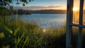 Spiderweb with Dewdrops at Lake's Edge Reflecting Golden Sunrise Light photo