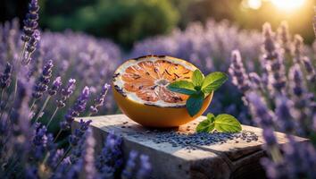 Grapefruit Half and Mint on Wood with Lavender Field Backdrop photo