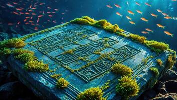 Submerged Ancient Stone Table with Carvings Surrounded by Tropical Fish photo