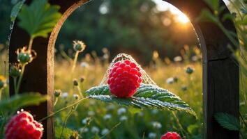 Raspberry on Leaf Glowing in Sunset Light Through Wooden Archway photo