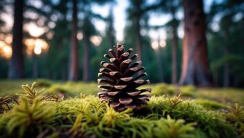 Pine Cone Resting on Mossy Forest Floor at Dusk Serene Scene photo