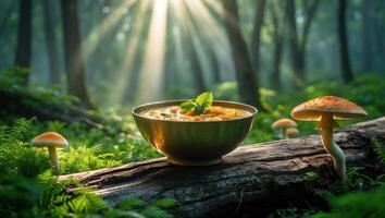 Bowl of Stew Resting on Log in Forest with Mushrooms photo