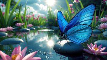 Blue Butterfly Resting by Pond with Water Lilies and Reflections photo