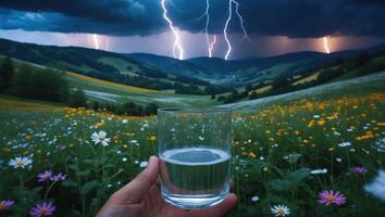 Holding Glass of Water in Flower Field During a Lightning Storm photo