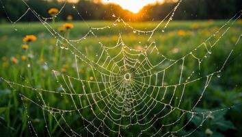 Spiderweb Covered in Dew Drops Shines in Golden Light Field photo