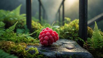 Raspberry Resting on Stone with Ferns and Mossy Natural Setting photo