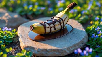 Banana with Chocolate Drizzle on Stone Slab Surrounded by Flowers photo