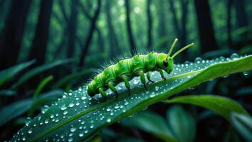 Green Caterpillar Crawling on Leaf with Water Droplets in Forest photo