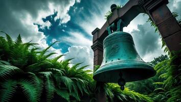 Bell Hanging Under Stone Archway Surrounded by Ferns with Cloudy Sky photo