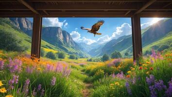 Eagle Flying Over Flower Meadow in Mountain Valley View photo
