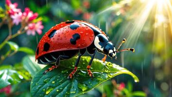 Ladybug Resting on Wet Leaf in Garden with Sun Rays photo