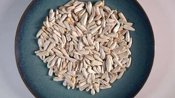 Light beige sunflower seeds with brown streaks form a circular pattern on a textured dark teal plate, set against a plain white background. video