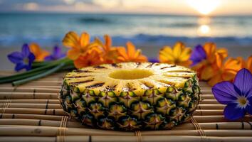 Grilled Pineapple Slice with Beach Sunset and Flowers Background photo