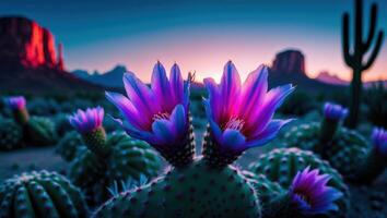 Blooming Cactus Flowers at Dusk in Desert Landscape View photo