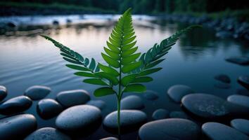 Fern Growing Among River Rocks with Reflections and Serene Backdrop photo
