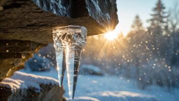 Icicles Hanging From Rock Formation with Sparkling Sunlight in Winter photo