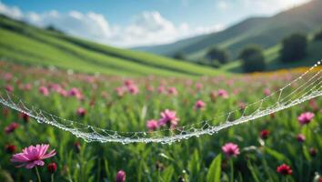 Dew Covered Spiderweb Over Flower Field with Green Hills photo