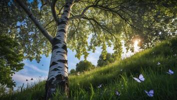 Standing Birch Tree with Butterflies in a Grassy Meadow Scene photo