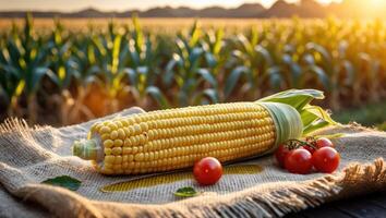 Fresh Corn Cob and Tomatoes on Burlap with Farm Backdrop photo