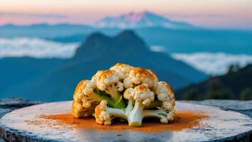 Cauliflower Still Life with Mountains Background at Dusk on Round Stone photo