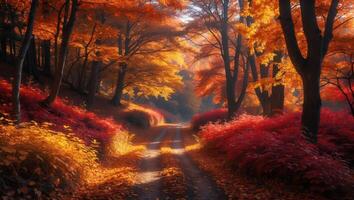 Winding Path Through Autumn Forest with Colorful Trees and Foliage photo