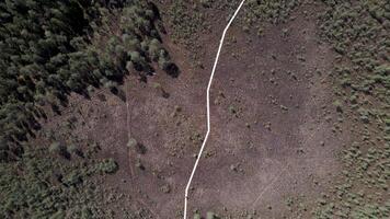 aerial view of a zigzag wooden boardwalk crossing dry grassland with sparse vegetation, small trees, and visible shadows adding depth to the terrain. video