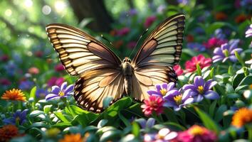 Butterfly Resting Among Colorful Garden Flowers in a Peaceful Setting photo