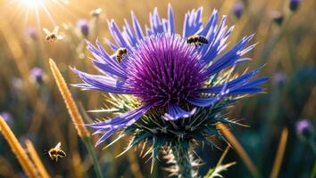 Bees Flying Around Purple Thistle Flower in a Golden Meadow photo