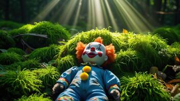 Resting Clown Doll in Forest with Sunlight and Green Moss photo