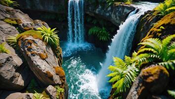 Cascading Waterfall Flowing Into Pool Surrounded by Rocks and Ferns photo