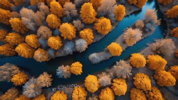 Aerial View of River Flowing Through Fall Colored Trees Forest photo