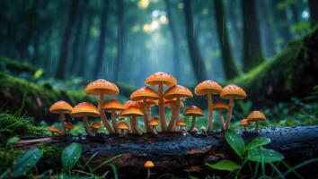 Mushroom Cluster Growing on Log in Forest with Rain Falling photo