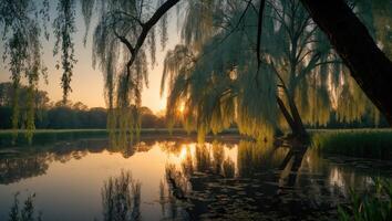 Willow Tree Reflecting in Lake at Sunset with Golden Light photo
