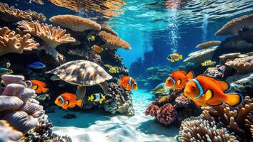 Exploring Underwater Life with Clownfish Turtle and Coral Reef Scenery photo