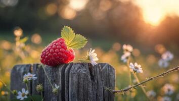 Raspberry Resting on Wooden Post in a Daisy Filled Field photo