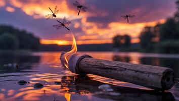 Burning Torch Floating on Water at Sunset with Dragonflies Flying photo