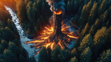 Tower Erupting Lava Flows Through Forest with River Below Aerial photo