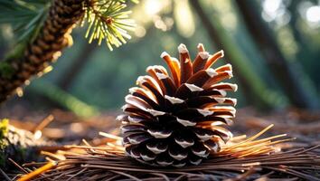 Pine Cone on Forest Floor with Sunlight Creating Serene Atmosphere photo