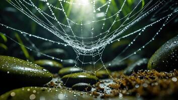 Spiderweb with Dewdrops on Smooth Rocks in a Forest Setting photo