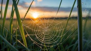 Spiderweb Covered in Dew at Sunrise with Green Grass photo