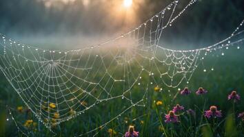 Dew Covered Spiderweb Shines in Morning Light Over Field photo