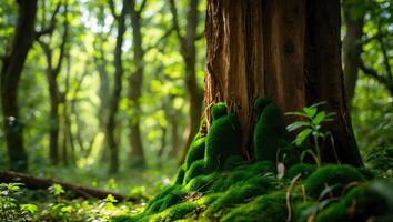 Mossy Tree Trunk in Forest with Sunlight Filtering Through Leaves photo